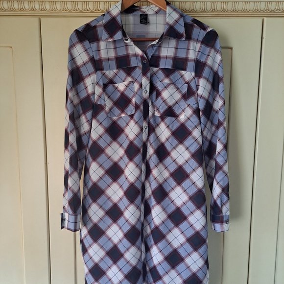 PRANA women's plaid snap front long sleeve side slit tunic dress Sz XS - Picture 1 of 9